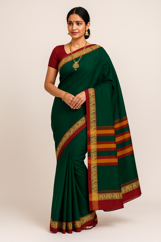 Narayanpet Cotton sarees – Sherwood Green with Elephant border- 100% Cotton Sarees – Perfect for all occasions – P000349