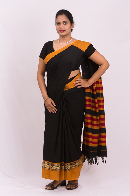 Narayanpet Cotton sarees – Black with Elephant border- 100% Cotton Sarees – Perfect for all occasions – P000354