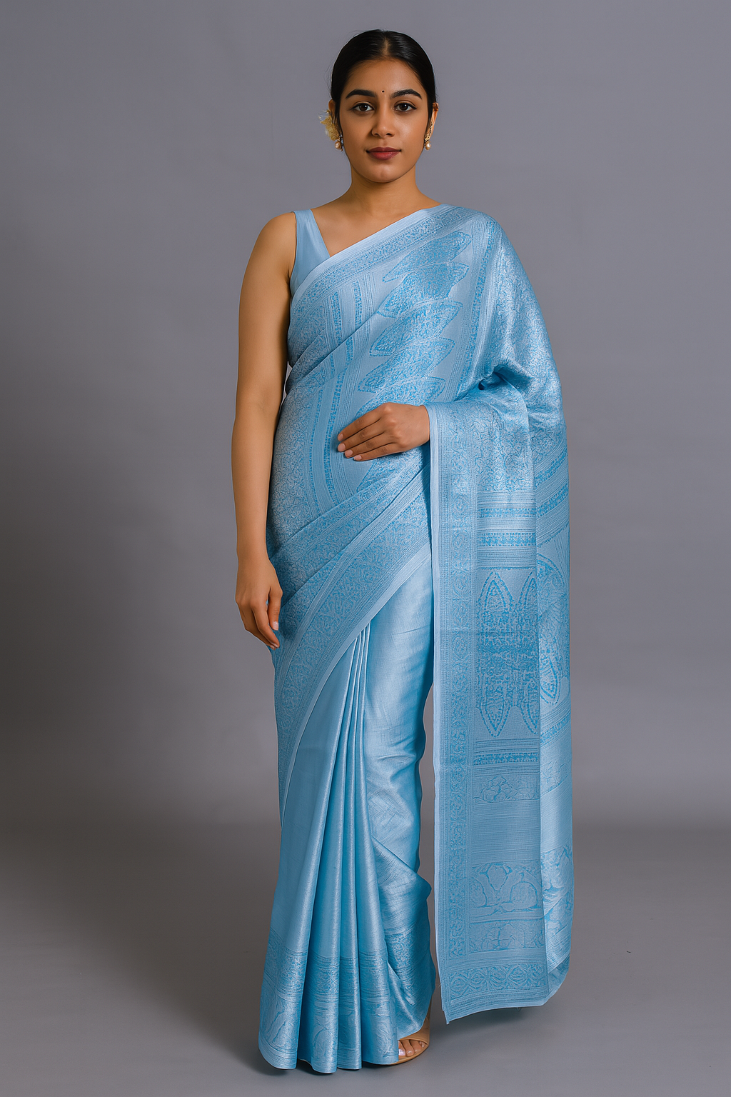 Salem Venpattu Semi Silk Sarees – Moonstone Blue – Soft Saree (6.5 Mts) – Fancy border - Soft Silk