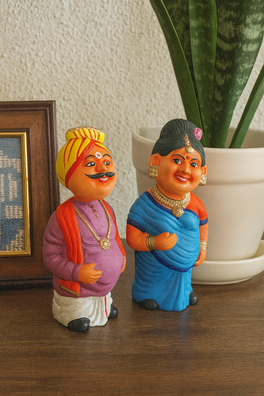 Kondapalli Wooden Craft –Locally crafted –Home décor/ Gifts– Traditional South Indian Couple – Handcrafted Kondapalli Wooden Figurines  Naturally colored-Large