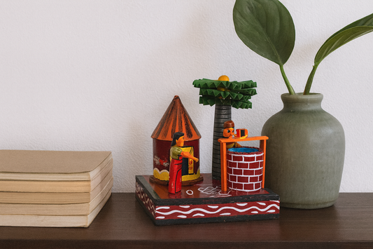 Kondapalli Wooden Craft –Locally crafted –Home décor/ Gifts– Village Well Scene - Hand Crafted -  Naturally colored – P000323