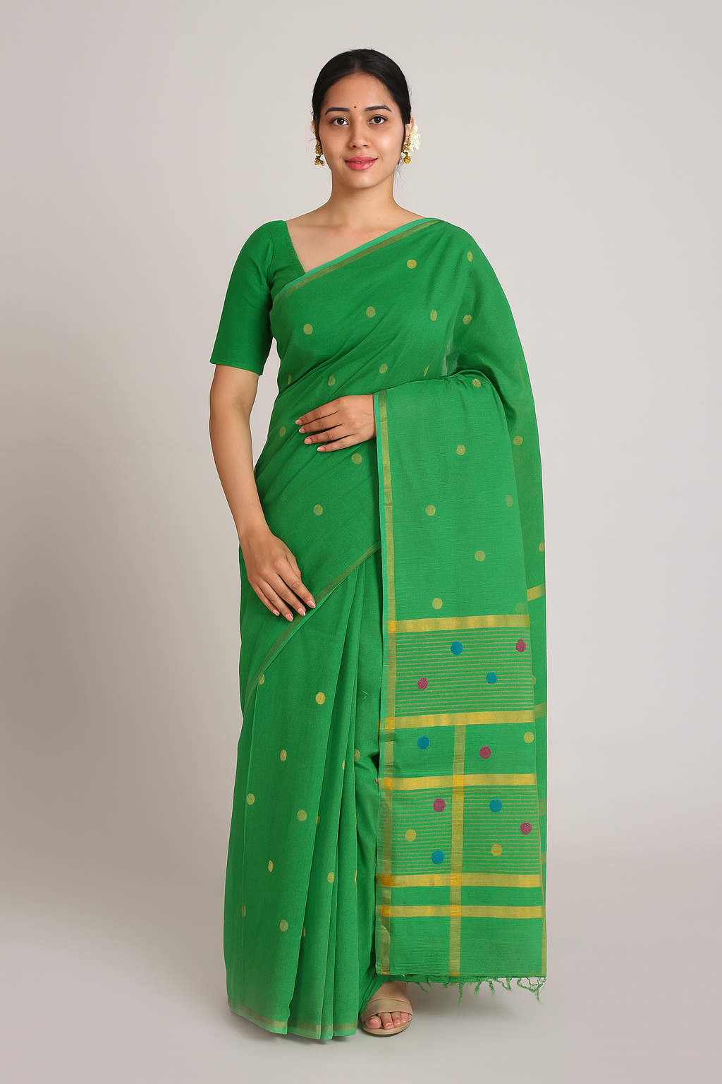 Venkatagiri Ikat Cotton Sarees with Pochampally Ikat border – Fern Green - Bhutta design - 100% Cotton Sarees – Perfect for all occasions – P000246