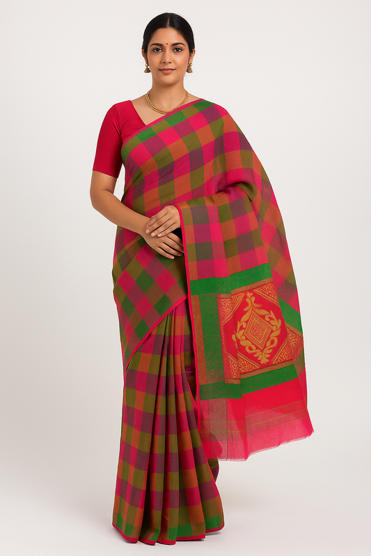 Udupi Cotton Sarees– Burnt Pink / Hemlock and Alpine Checkered - 100% Cotton Sarees – Perfect for all occasions – P000256