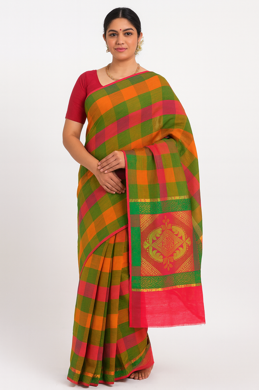 Udupi Cotton Sarees– Halloween Orange / Tiger Orange and Earth Checkered - 100% Cotton Sarees – Perfect for all occasions – P000257