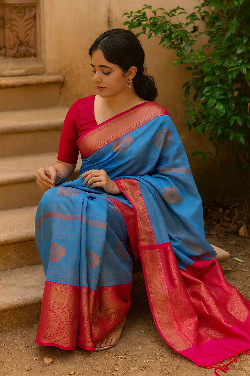 Salem Semi Silk Sarees – Jacquard Korvai sarees –Cyan Blue - Soft Silk – P000272