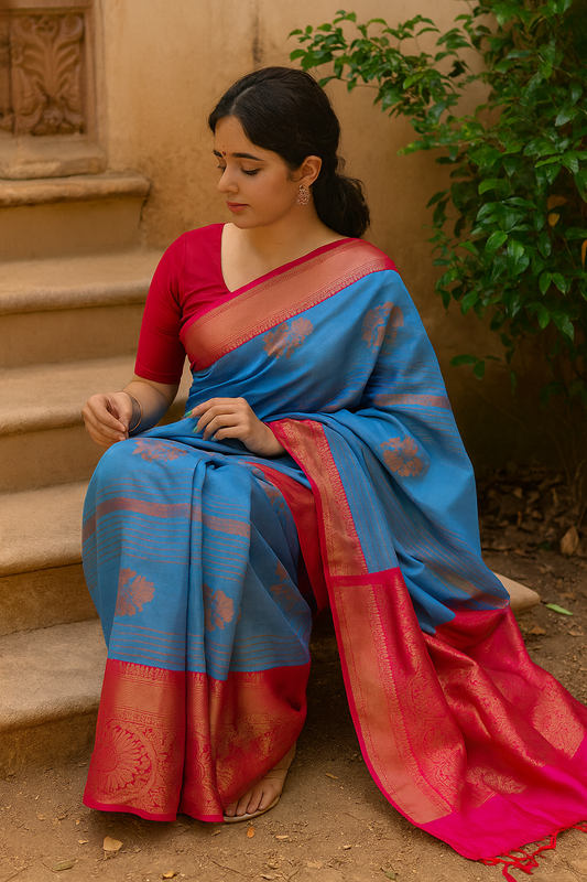 Salem Semi Silk Sarees – Jacquard Korvai sarees –Cyan Blue  - Soft Silk –  P000272