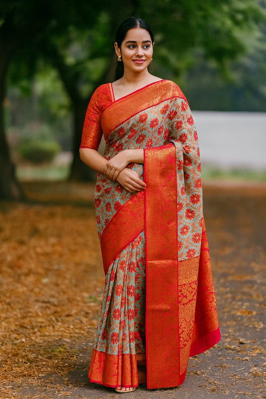 Elampillai Semi-silk sarees – Jacquard Silk – Ultra Soft material – Surf with Coral red floral patterns and red ribbon orange – Tissue silk sarees – Perfect for all occasions – P000267