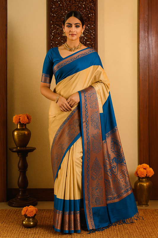 Salem Semi Silk Sarees – Jacquard Korvai sarees –Sand / Venice Blue  - Soft Silk –  P000274