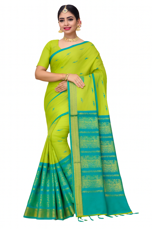 Elampillai Kalyani Cotton Sarees – Android green body with Deep Aqua border - 100% Cotton Sarees – Perfect for all occasions – P000263