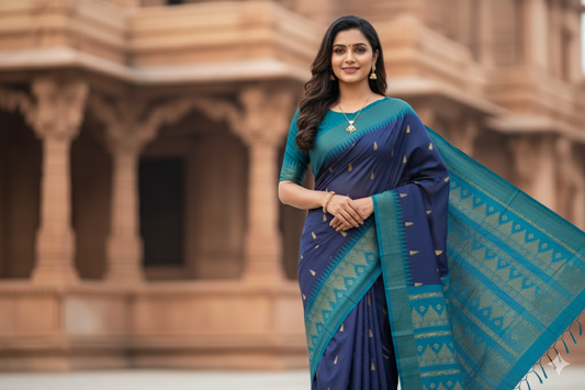 Elampillai Kalyani Cotton Sarees – Mulled Wine body with Water Blue Border - 100% Cotton Sarees – Perfect for all occasions – P000264