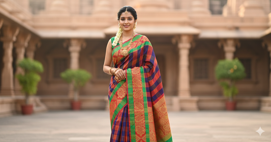 Udupi Cotton Sarees– Amarnath / Grape and Faded red Checkered - 100% Cotton Sarees – Perfect for all occasions – P000255