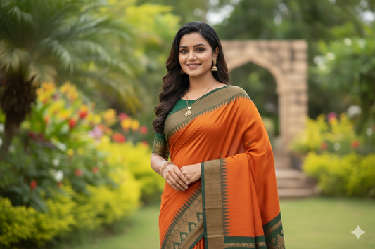 Elampillai Kalyani Cotton Sarees – Portland Orange body with Mineral green Border - 100% Cotton Sarees – Perfect for all occasions – P000265