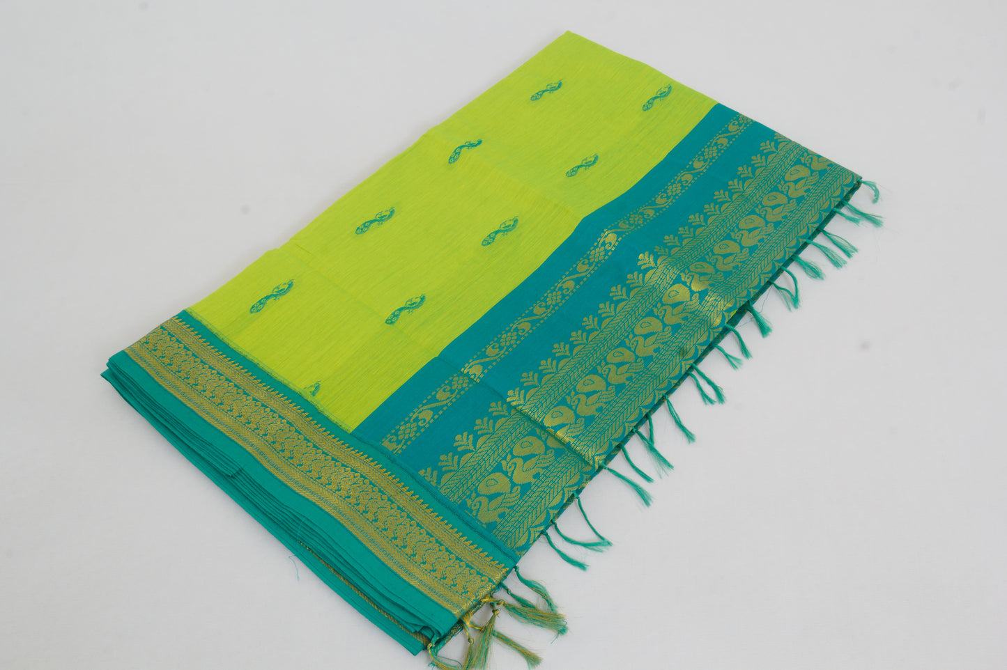 Elampillai Kalyani Cotton Sarees – Android green body with Deep Aqua border - 100% Cotton Sarees – Perfect for all occasions – P000263
