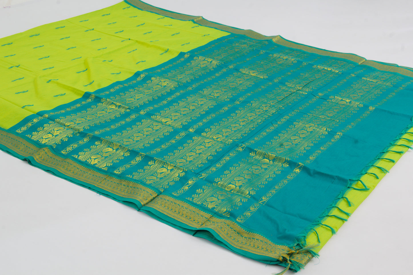 Elampillai Kalyani Cotton Sarees – Android green body with Deep Aqua border - 100% Cotton Sarees – Perfect for all occasions – P000263