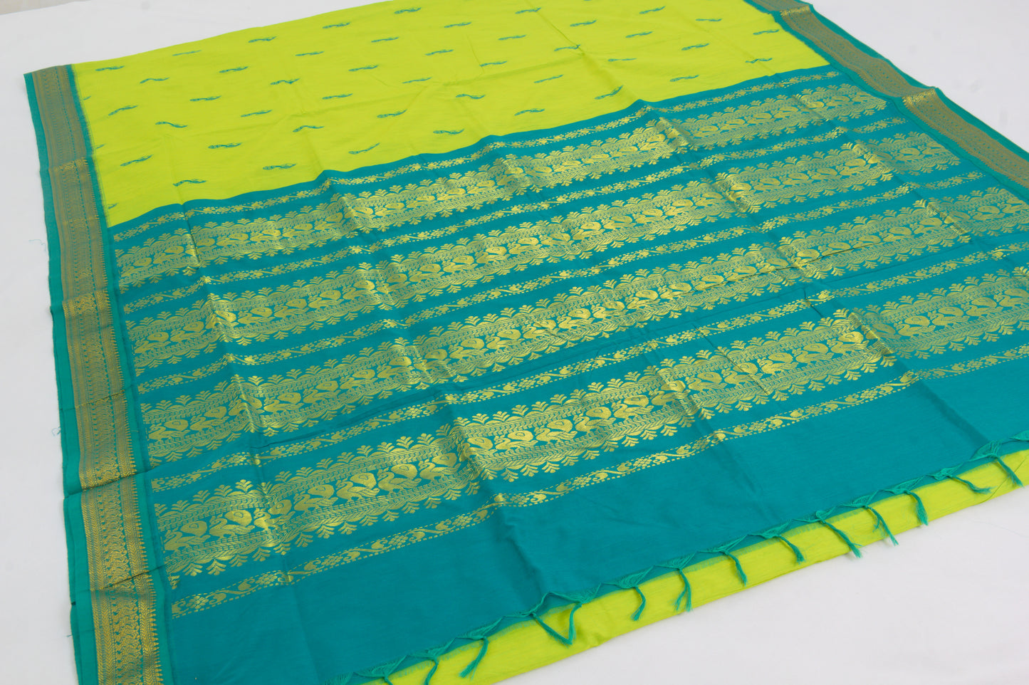 Elampillai Kalyani Cotton Sarees – Android green body with Deep Aqua border - 100% Cotton Sarees – Perfect for all occasions – P000263