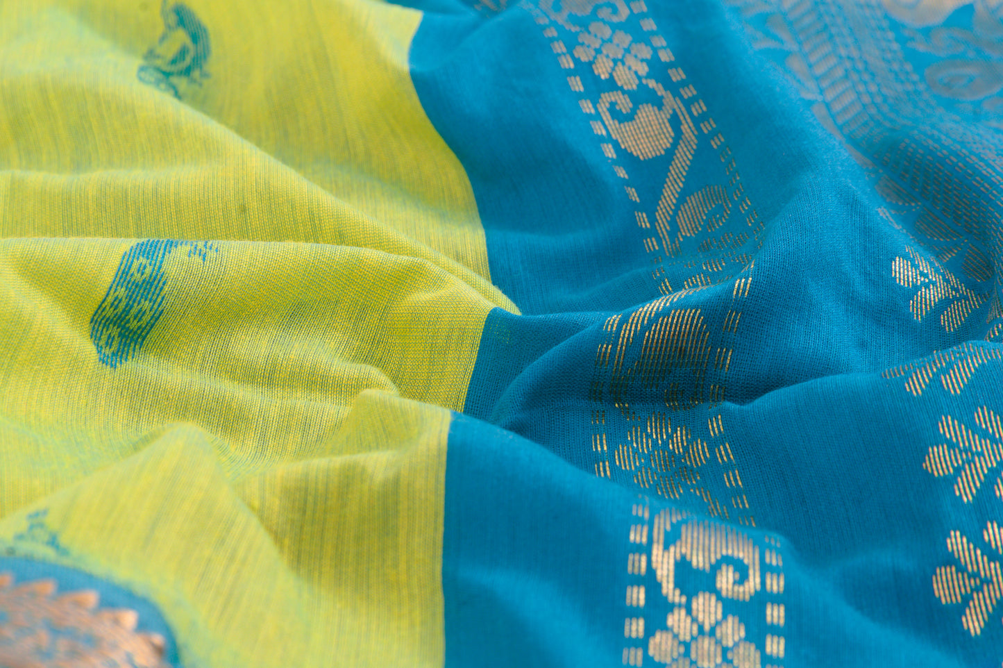 Elampillai Kalyani Cotton Sarees – Android green body with Deep Aqua border - 100% Cotton Sarees – Perfect for all occasions – P000263