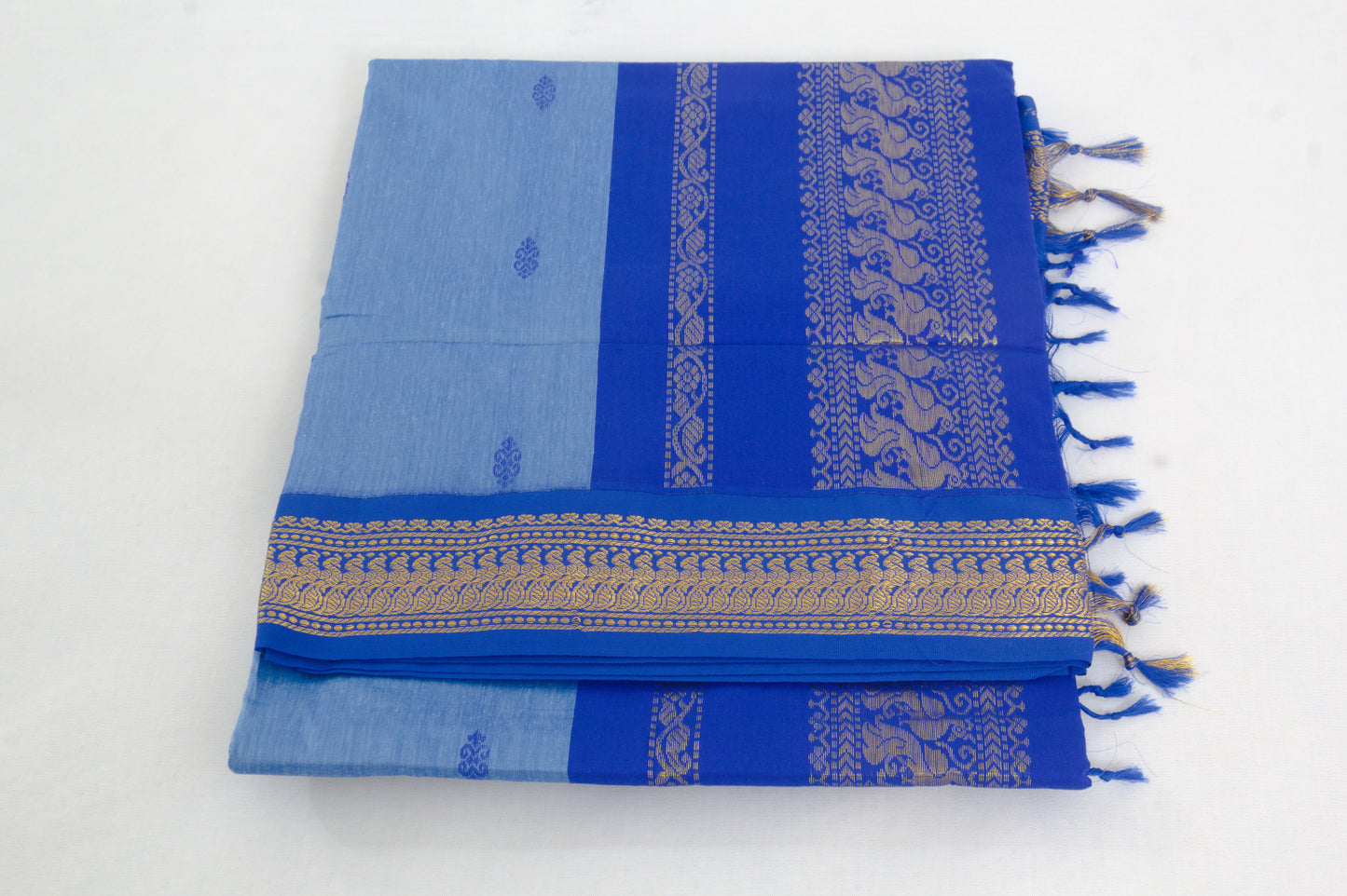 Elampillai Kalyani Cotton Sarees – Glacier body with Cerulean blue border - 100% Cotton Sarees – Perfect for all occasions – P000262