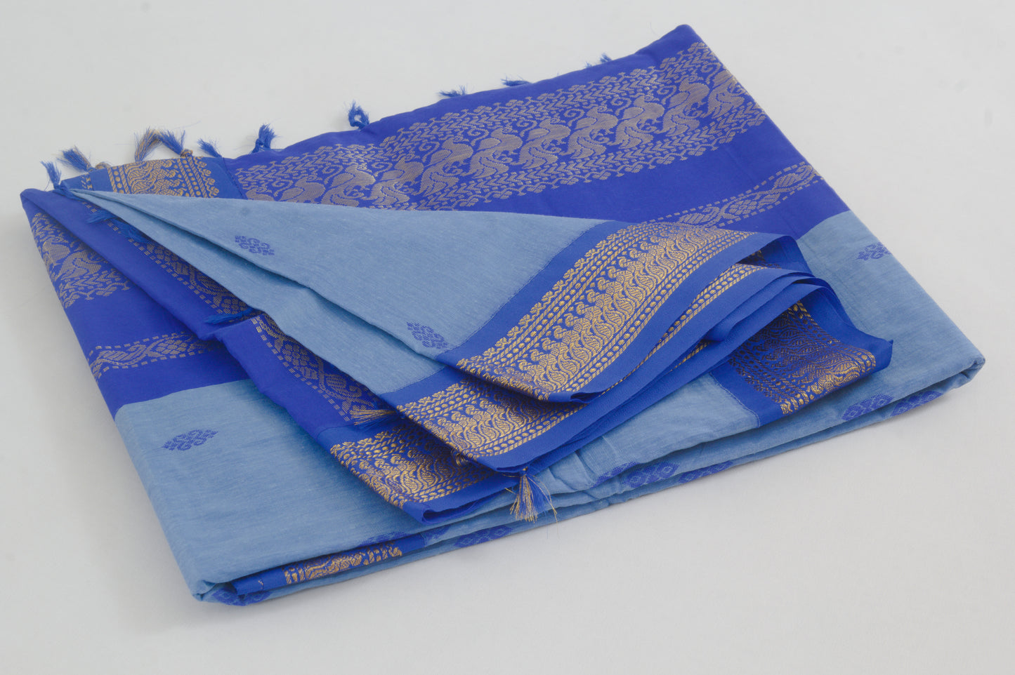 Elampillai Kalyani Cotton Sarees – Glacier body with Cerulean blue border - 100% Cotton Sarees – Perfect for all occasions – P000262