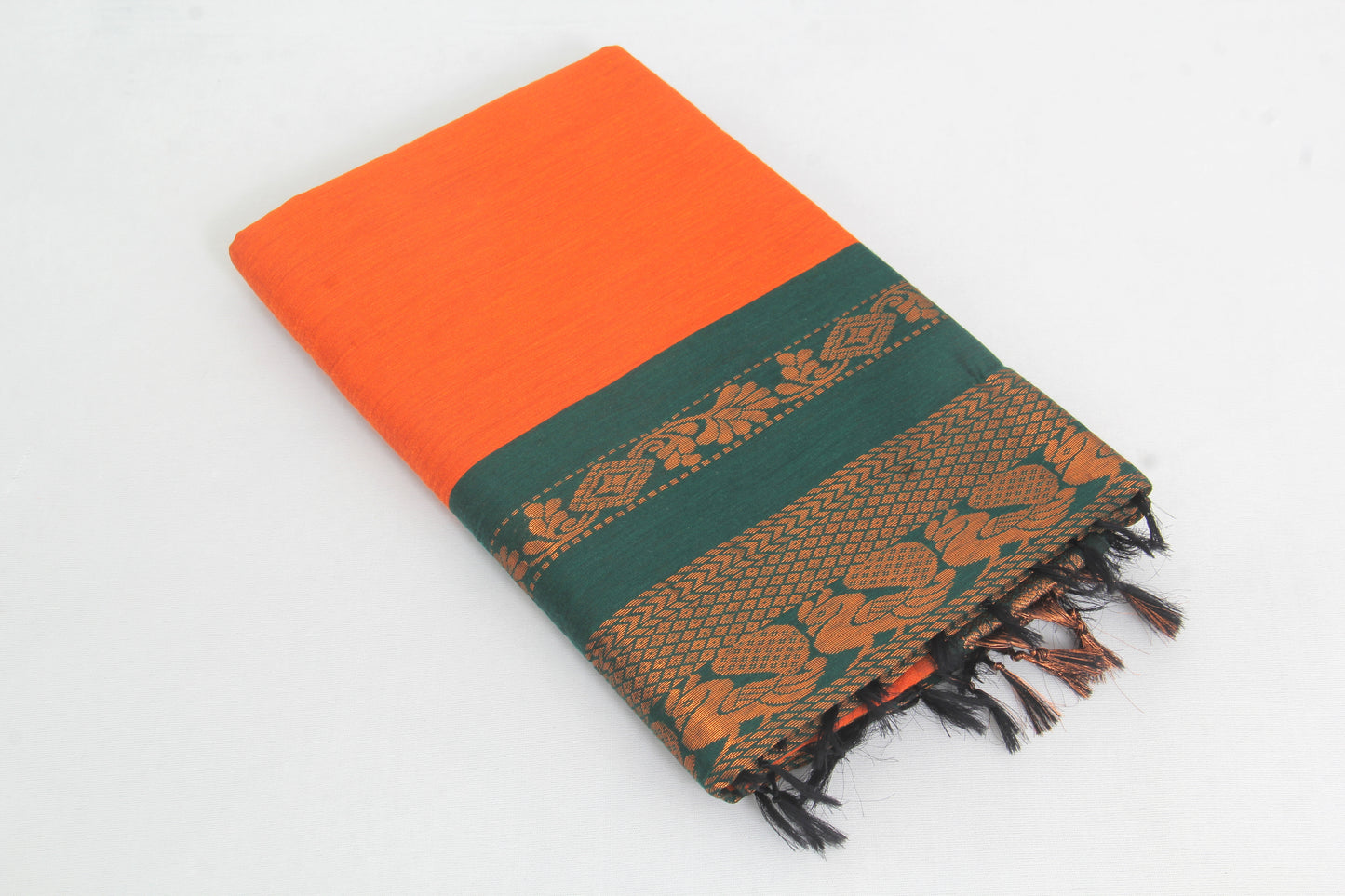 Elampillai Kalyani Cotton Sarees – Portland Orange body with Mineral green Border - 100% Cotton Sarees – Perfect for all occasions – P000265