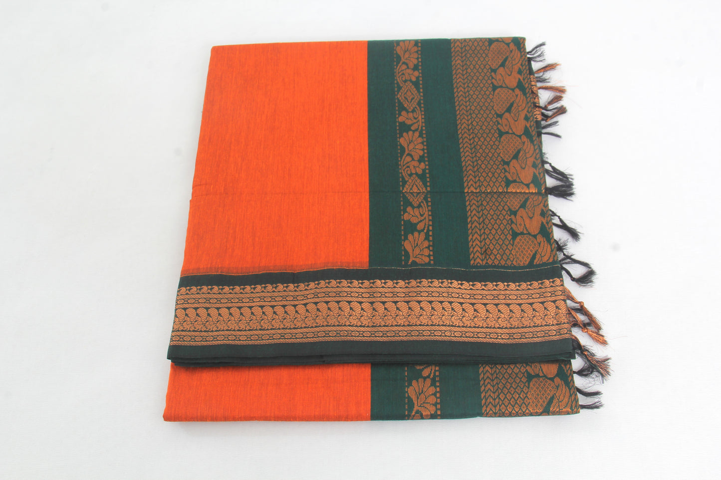 Elampillai Kalyani Cotton Sarees – Portland Orange body with Mineral green Border - 100% Cotton Sarees – Perfect for all occasions – P000265