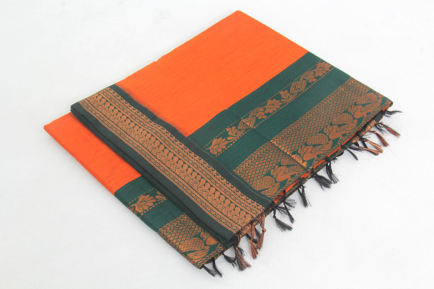 Elampillai Kalyani Cotton Sarees – Portland Orange body with Mineral green Border - 100% Cotton Sarees – Perfect for all occasions – P000265