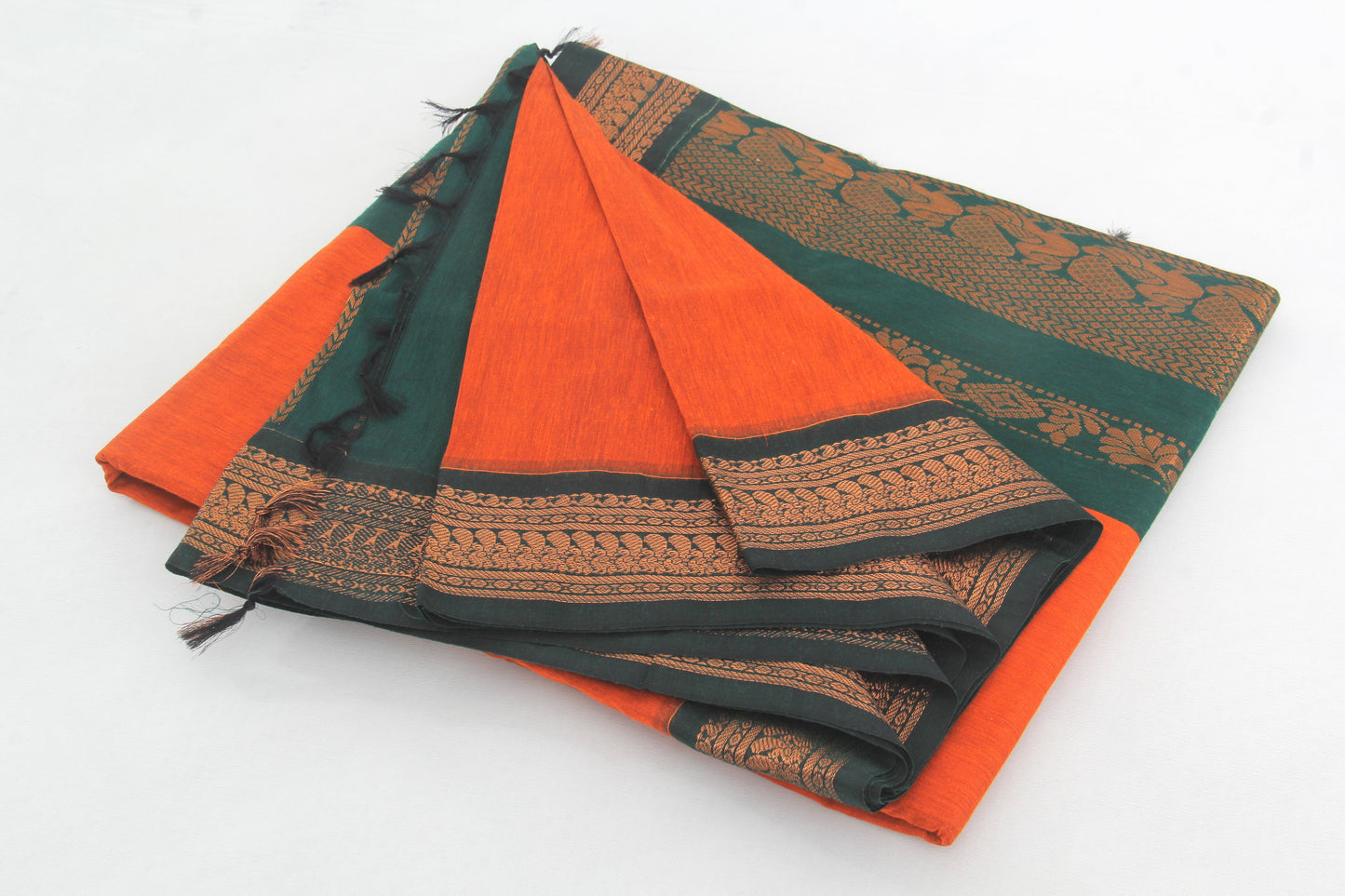 Elampillai Kalyani Cotton Sarees – Portland Orange body with Mineral green Border - 100% Cotton Sarees – Perfect for all occasions – P000265