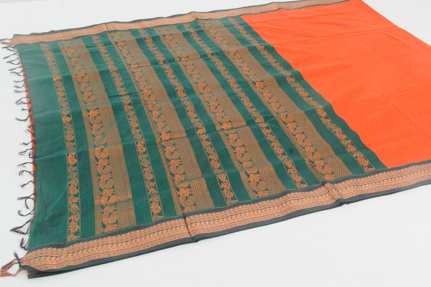 Elampillai Kalyani Cotton Sarees – Portland Orange body with Mineral green Border - 100% Cotton Sarees – Perfect for all occasions – P000265