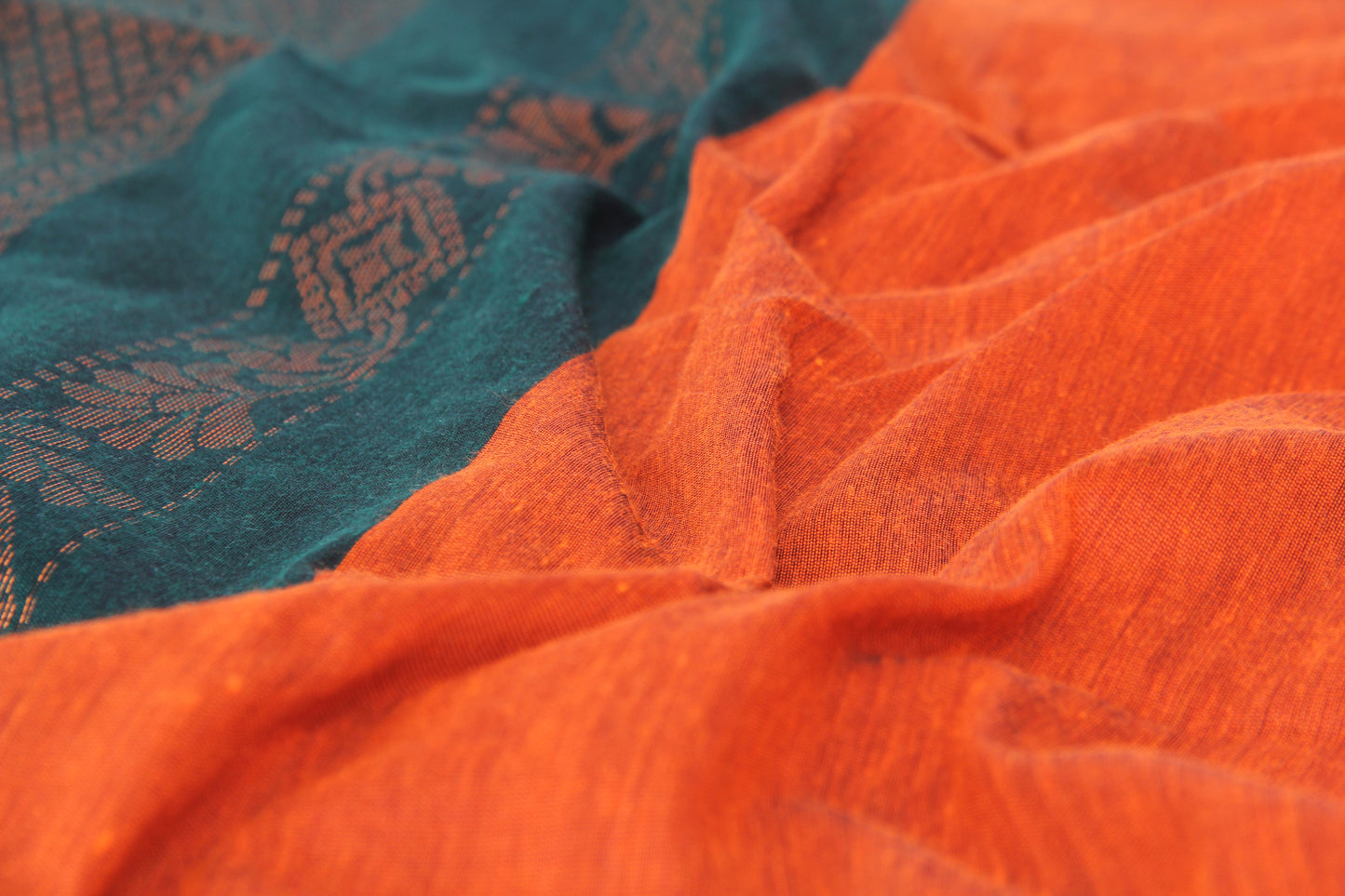 Elampillai Kalyani Cotton Sarees – Portland Orange body with Mineral green Border - 100% Cotton Sarees – Perfect for all occasions – P000265