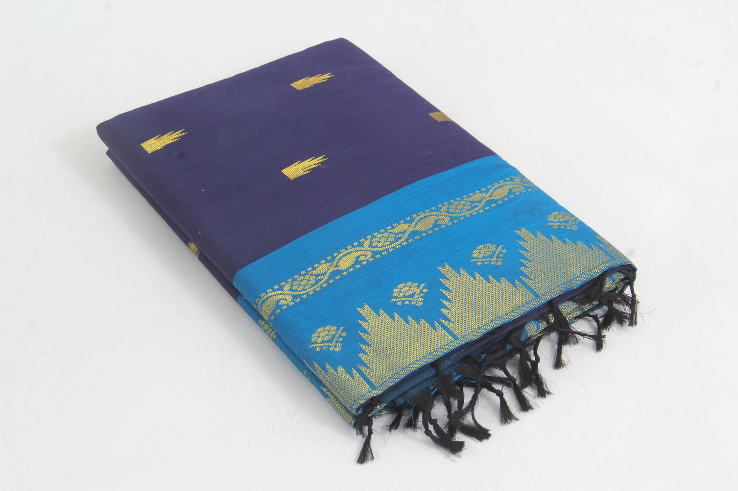 Elampillai Kalyani Cotton Sarees – Mulled Wine body with Water Blue Border - 100% Cotton Sarees – Perfect for all occasions – P000264