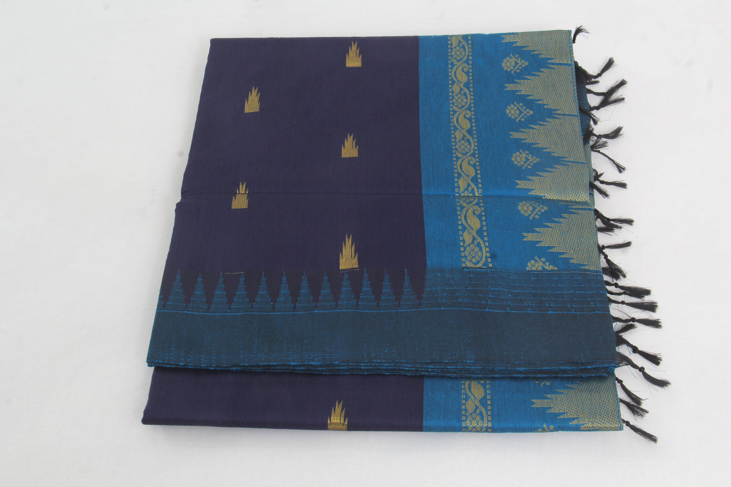 Elampillai Kalyani Cotton Sarees – Mulled Wine body with Water Blue Border - 100% Cotton Sarees – Perfect for all occasions – P000264