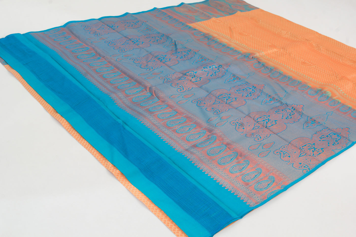 Salem Silk Sarees – Slate blue and Persian Orange – 100% Pure Jacquard Silk –Big Kodi Bhutta - Soft Silk – Meena Bhutta - P000270