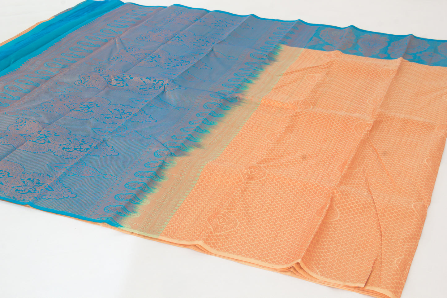 Salem Silk Sarees – Slate blue and Persian Orange – 100% Pure Jacquard Silk –Big Kodi Bhutta - Soft Silk – Meena Bhutta - P000270