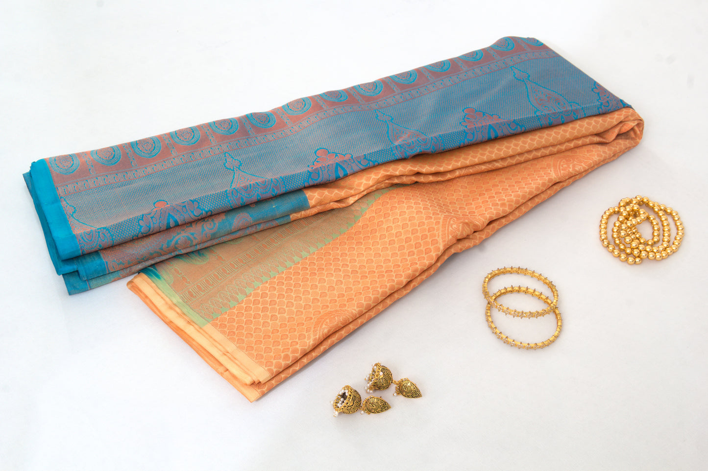 Salem Silk Sarees – Slate blue and Persian Orange – 100% Pure Jacquard Silk –Big Kodi Bhutta - Soft Silk – Meena Bhutta - P000270
