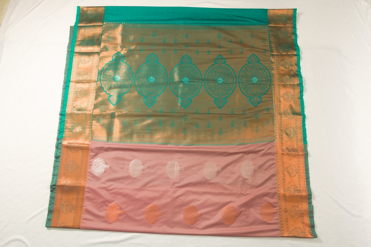 Kanchipuram Pattu Silk Saree – Semi Silk – Pinkish brown body with teal border and tree design zari work – Bhutta sarees P00125