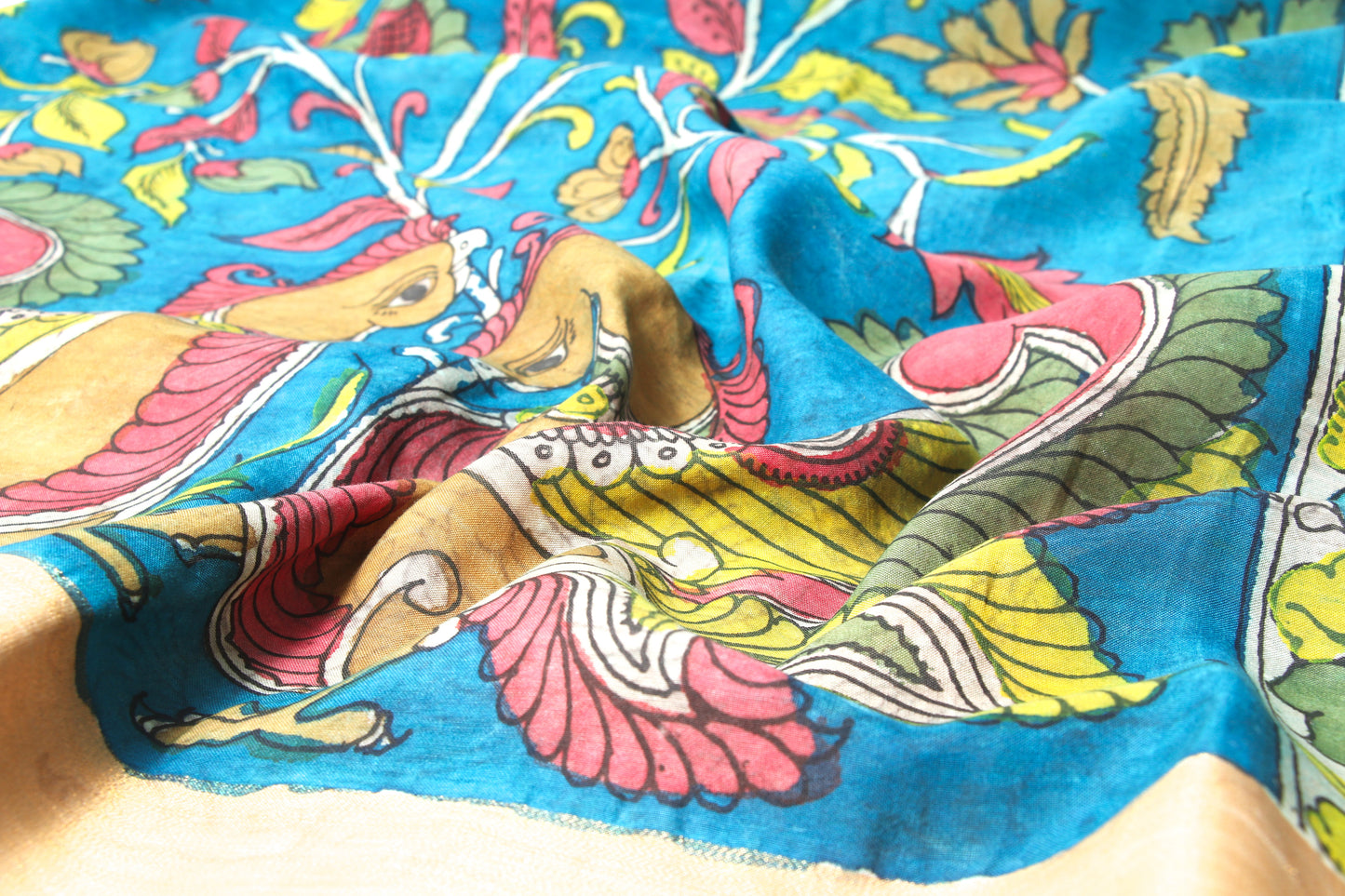 Srikalahasthi Kalamkari handpainted handloom Saree with Mangalagiri Border – Bangalore Silk - P0008