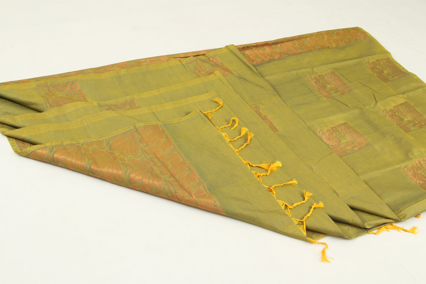 Kanchipuram Semi silk fancy Saree –Bhutta design- Brass with Persian orange - Zari/thread work in body and pallu - P00184