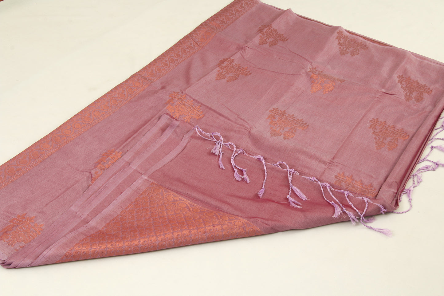 Kanchipuram Pattu Silk Saree – Semi Soft Silk – Bhutta design- Copper Rose - Zari work in body and pallu - P00177