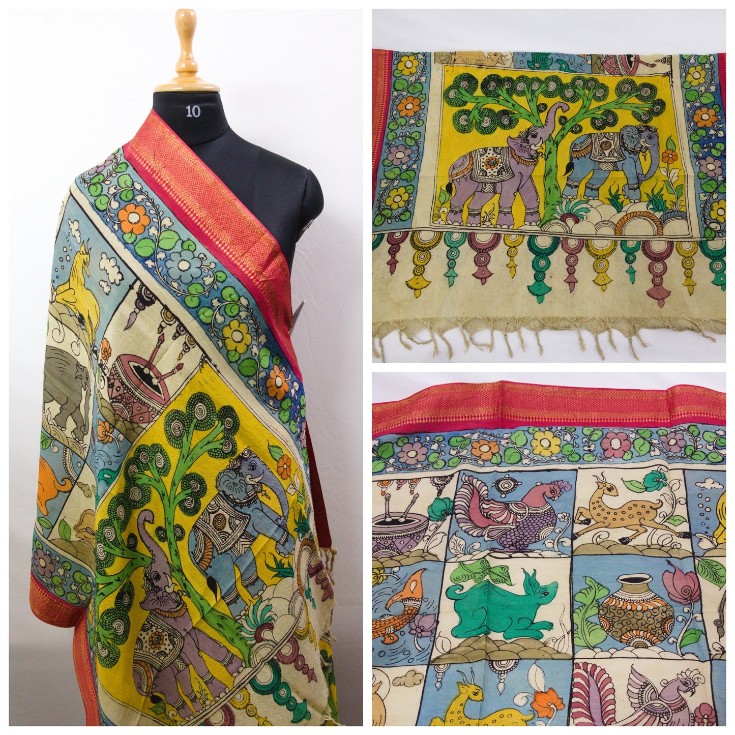 Srikalahasthi Kalamkari handpainted handloom Dupattah with Mangalagiri Border – Bangalore Silk-P0007