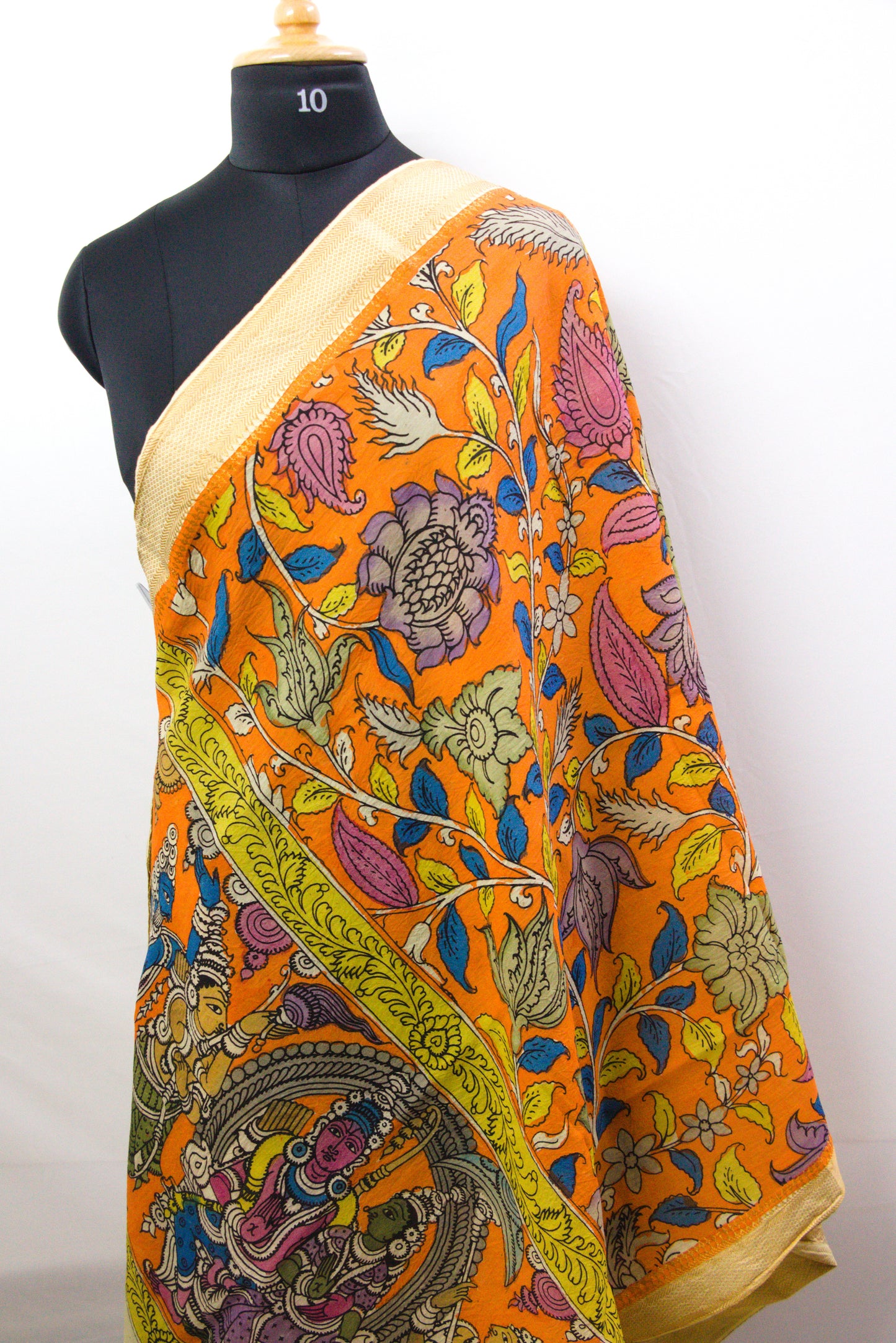 Srikalahasthi Kalamkari handpainted handloom - Mango Orange - Dupattah with Mangalagiri Border – Bangalore Silk-P0004