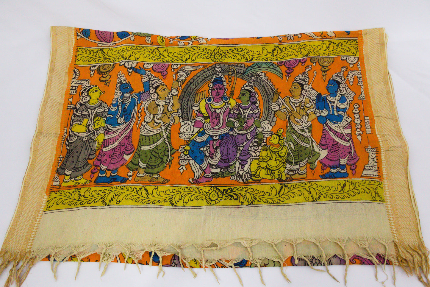 Srikalahasthi Kalamkari handpainted handloom - Mango Orange - Dupattah with Mangalagiri Border – Bangalore Silk-P0004