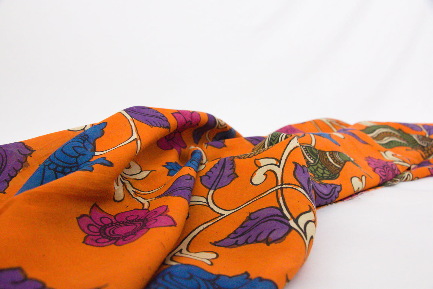 Bangalore Silk fabric with handdrawn Srikalahasti Kalamkari style artwork-P0009