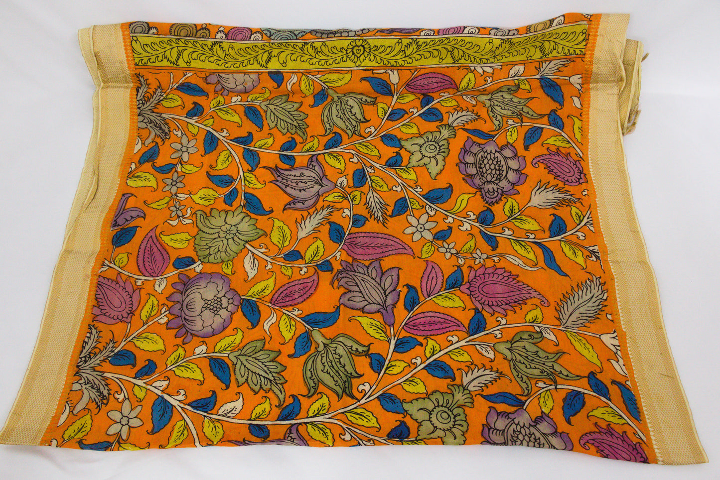 Srikalahasthi Kalamkari handpainted handloom - Mango Orange - Dupattah with Mangalagiri Border – Bangalore Silk-P0004