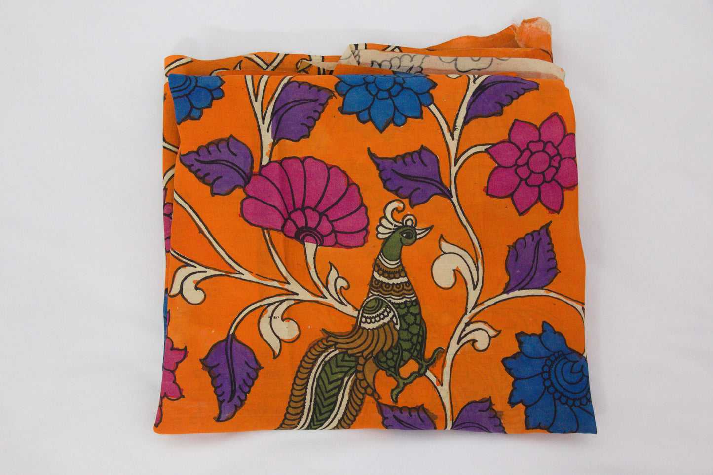 Bangalore Silk fabric with handdrawn Srikalahasti Kalamkari style artwork-P0009