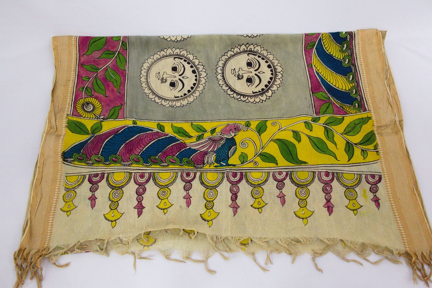 Srikalahasthi Kalamkari handpainted handloom Dupattah with Mangalagiri Border – Bangalore Silk-P0005