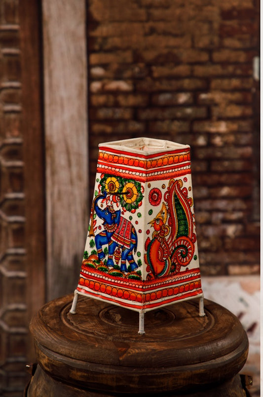 Nimmalkunta Tholu Bommalu –Locally crafted Lamp Shades- Height 8 inches square –Elephant-Peacock Artwork–  For Home Décor/Pooja Room -  P000121