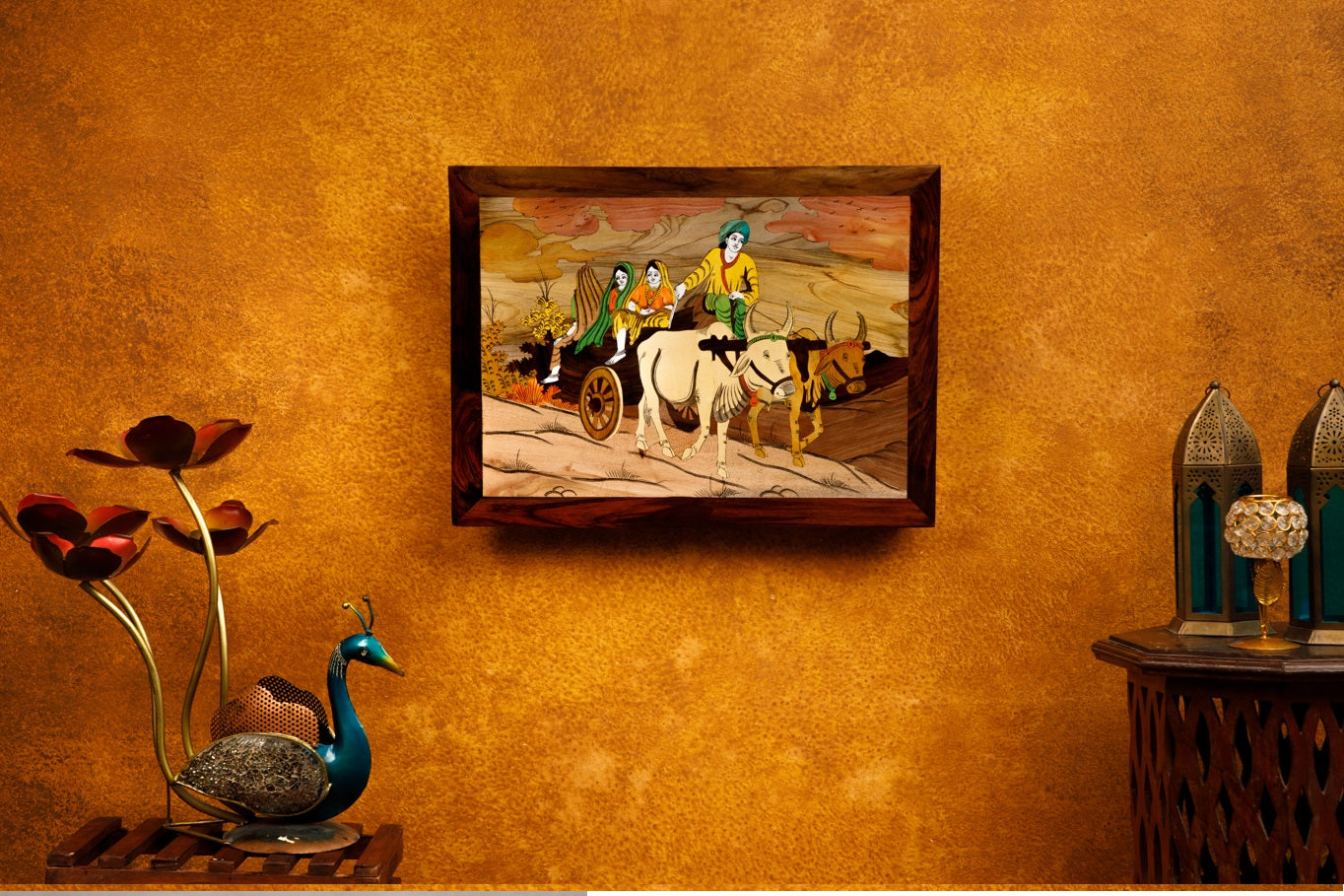 Mysore rosewood inlay painting – Beautiful scenery    - Locally crafted – Rosewood  - Beautiful wooden frame-  Perfect for home décor - 18 X 24 inches -  P000164