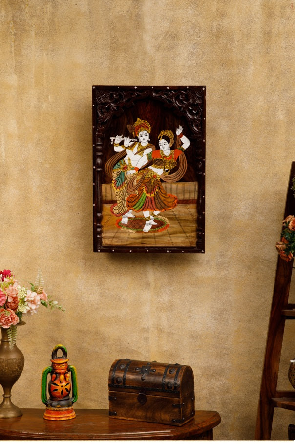 Mysore rosewood inlay painting – Beautiful framed Radha Krishna  - Locally crafted – Rosewood  - Beautiful wooden frame-  Perfect for pooja room  – 15 X 20 inches -  P000165