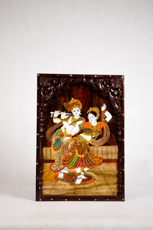 Mysore rosewood inlay painting – Beautiful framed Radha Krishna  - Locally crafted – Rosewood  - Beautiful wooden frame-  Perfect for pooja room  – 15 X 20 inches -  P000165
