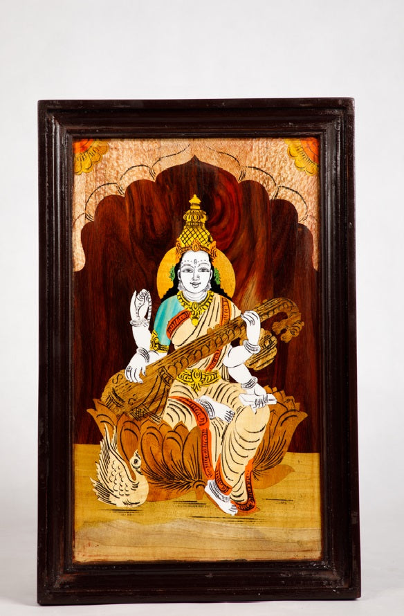 Mysore rosewood inlay painting – Beautiful framed Saraswathi - Locally crafted – Rosewood - Beautiful wooden frame- Perfect for pooja room – 12 X 18 inches - P000166