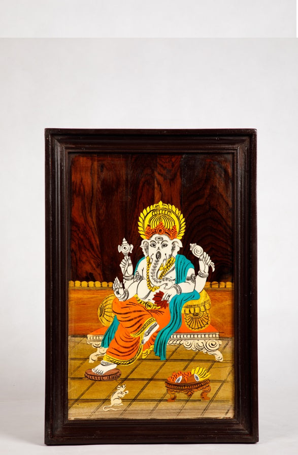 Mysore rosewood inlay painting – Beautiful framed Ganesha - Locally crafted – Rosewood - Beautiful wooden frame- Perfect for pooja room – 12 X 18 inches - P000167